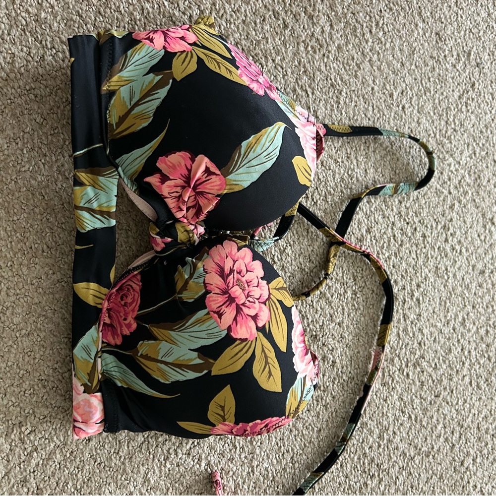 Shade & Shore Black Bikini Top with Pink Floral Print